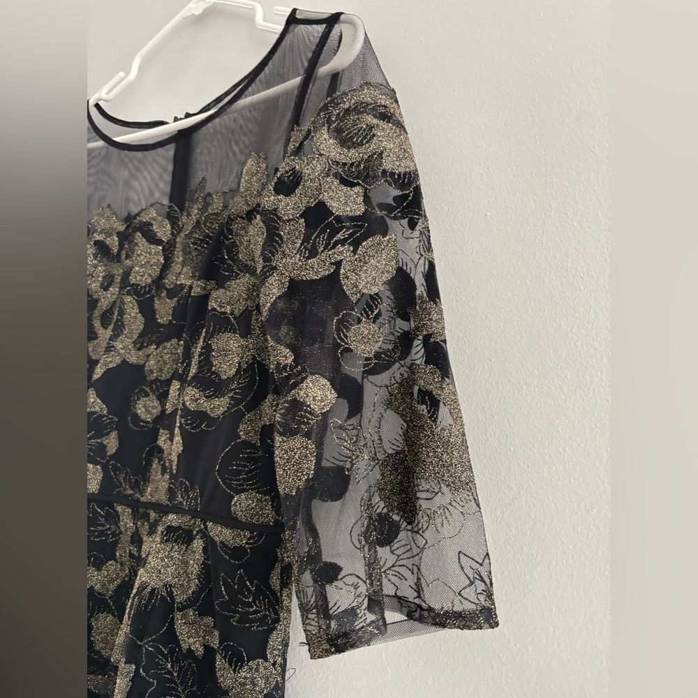 Adrianna Papell Black and Gold Lace Mesh Dress Long Sleeves Gown Size 12 - Picture 5 of 16